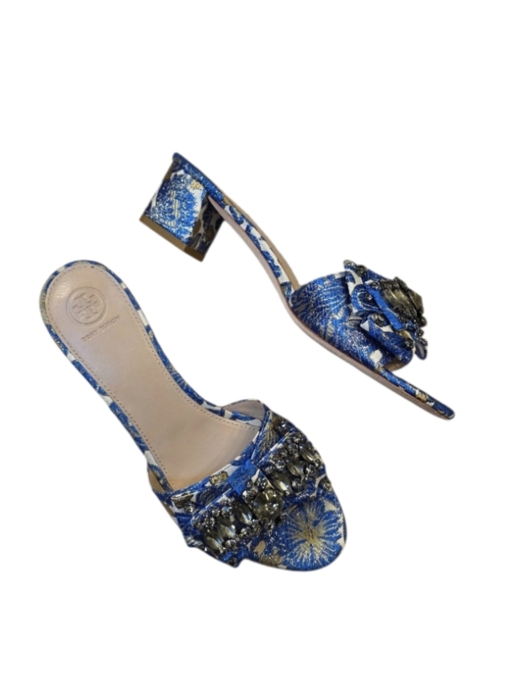 Tory Burch Valentina 45mm Bow Slide Metallic Floral Brocade 10.5